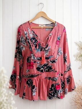Jaase Boho Flowy Bell Sleeve Tassel Peplum Blouse Pink XL